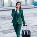 Businesswoman talking on phone, pulling suitcase outdoors.